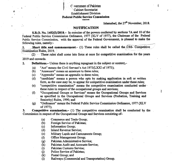Pakistan Competitive Examination Rules 2019